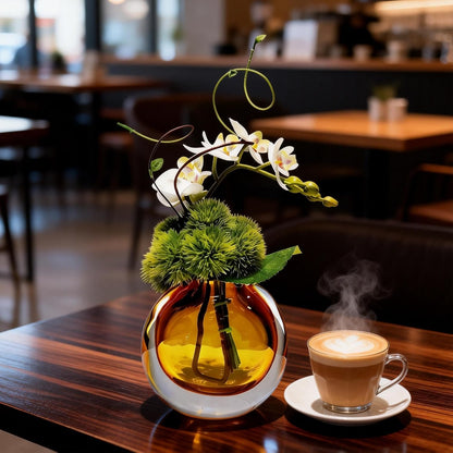 Artificial Orchids, White, in Translucent Bubble Glass Vase, Amber | Look Real, Realistic Appearance, Flower Arrangement