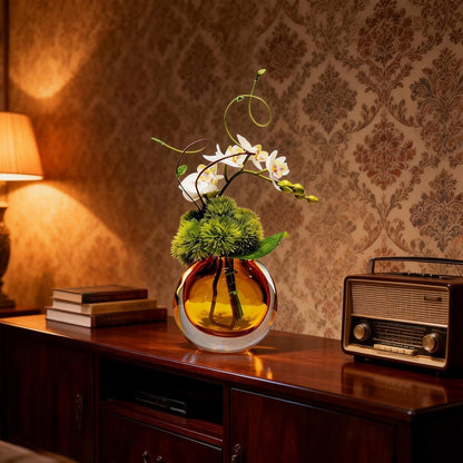 Artificial Orchids, White, in Translucent Bubble Glass Vase, Amber | Look Real, Realistic Appearance, Flower Arrangement