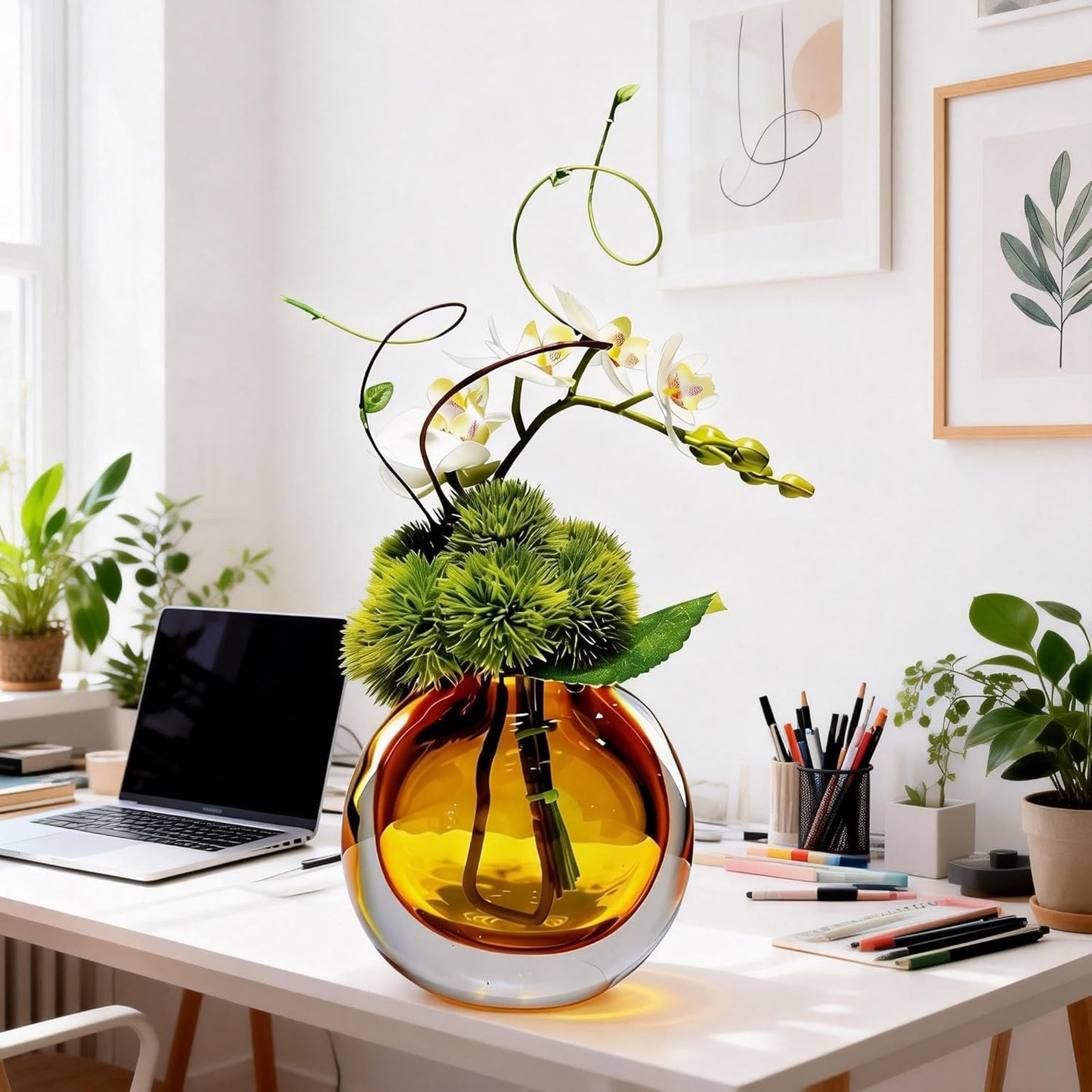 Artificial Orchids, White, in Translucent Bubble Glass Vase, Amber | Look Real, Realistic Appearance, Flower Arrangement