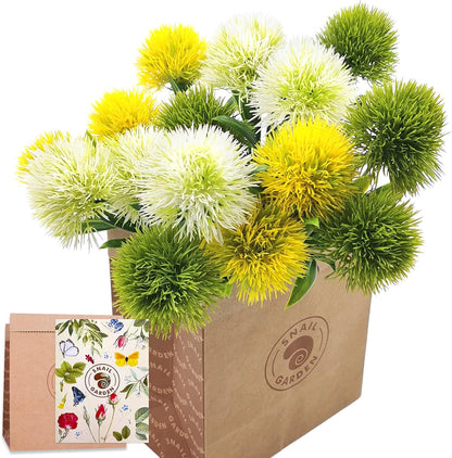 15Pcs Artificial Dandelion, Artificial Flowers Plants Bouquet with 1 Vase Kraft Paper Bag-Plastic Shrubs Brushes Plant Fake Grass for Indoor Outdoor(White,Yellow,Green)
