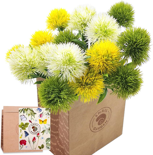 15Pcs Artificial Dandelion, Artificial Flowers Plants Bouquet with 1 Vase Kraft Paper Bag-Plastic Shrubs Brushes Plant Fake Grass for Indoor Outdoor(White,Yellow,Green)