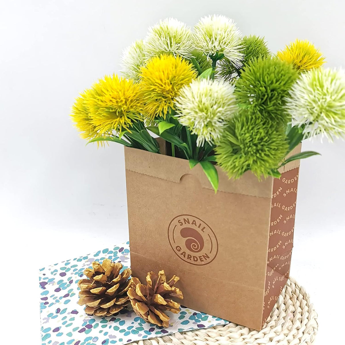 15Pcs Artificial Dandelion, Artificial Flowers Plants Bouquet with 1 Vase Kraft Paper Bag-Plastic Shrubs Brushes Plant Fake Grass for Indoor Outdoor(White,Yellow,Green)