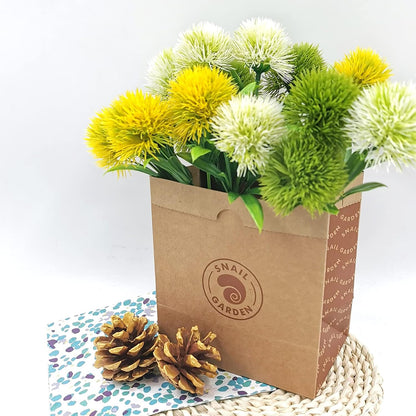 15Pcs Artificial Dandelion, Artificial Flowers Plants Bouquet with 1 Vase Kraft Paper Bag-Plastic Shrubs Brushes Plant Fake Grass for Indoor Outdoor(White,Yellow,Green)