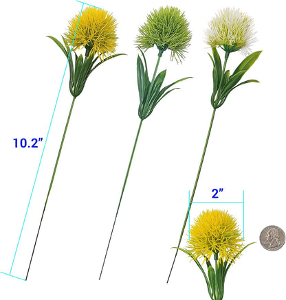 15Pcs Artificial Dandelion, Artificial Flowers Plants Bouquet with 1 Vase Kraft Paper Bag-Plastic Shrubs Brushes Plant Fake Grass for Indoor Outdoor(White,Yellow,Green)