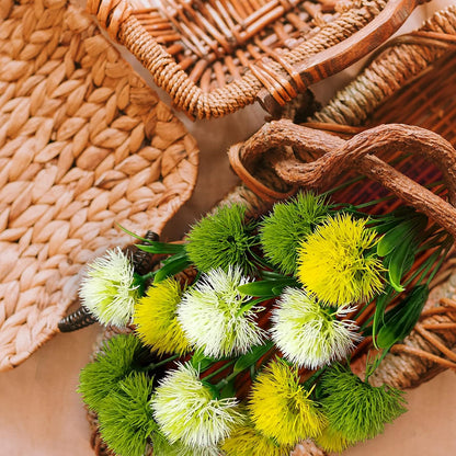 15Pcs Artificial Dandelion, Artificial Flowers Plants Bouquet with 1 Vase Kraft Paper Bag-Plastic Shrubs Brushes Plant Fake Grass for Indoor Outdoor(White,Yellow,Green)