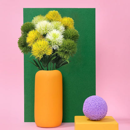 15Pcs Artificial Dandelion, Artificial Flowers Plants Bouquet with 1 Vase Kraft Paper Bag-Plastic Shrubs Brushes Plant Fake Grass for Indoor Outdoor(White,Yellow,Green)