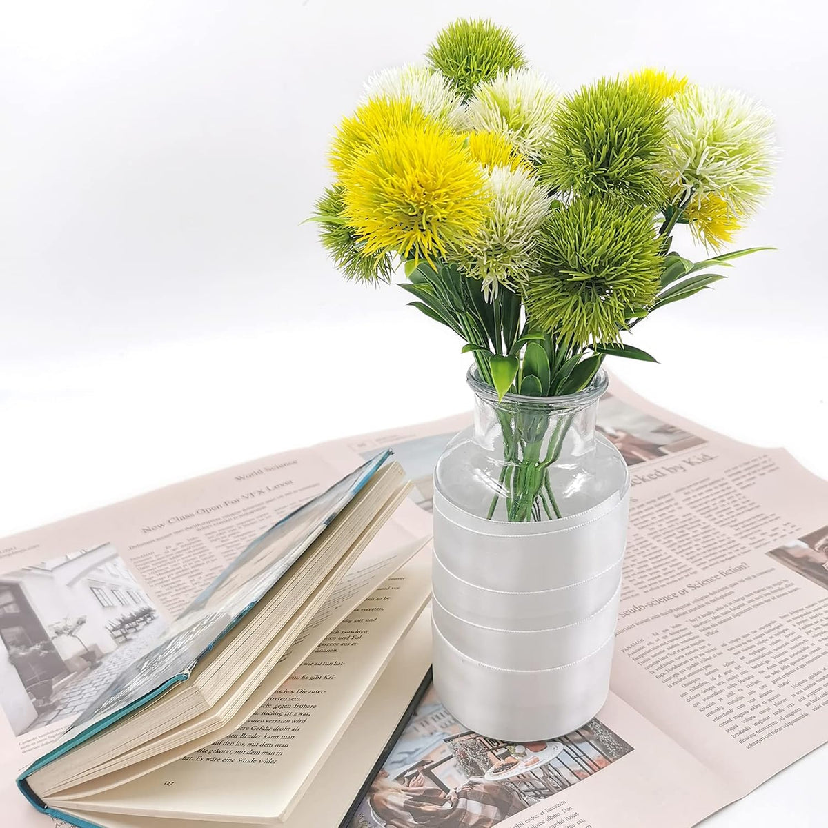 15Pcs Artificial Dandelion, Artificial Flowers Plants Bouquet with 1 Vase Kraft Paper Bag-Plastic Shrubs Brushes Plant Fake Grass for Indoor Outdoor(White,Yellow,Green)