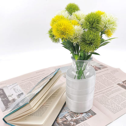 15Pcs Artificial Dandelion, Artificial Flowers Plants Bouquet with 1 Vase Kraft Paper Bag-Plastic Shrubs Brushes Plant Fake Grass for Indoor Outdoor(White,Yellow,Green)