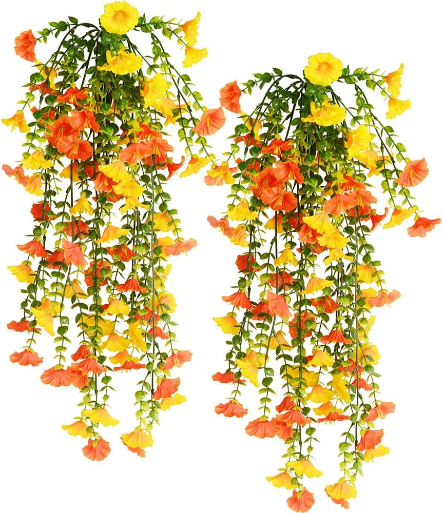 Artificial Fake Hanging Flowers Plants 2pack Faux Silk Daisy with Eucalyptus Leaves UV Resistant for Outside Home Indoor Planter Porch Patio Balcony Yard Decor (2, Red-Yellow)