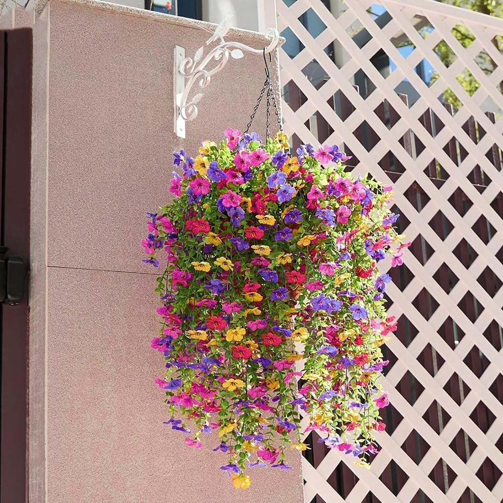 Artificial Fake Hanging Flowers Plants 2pack Faux Silk Daisy with Eucalyptus Leaves UV Resistant for Outside Home Indoor Planter Porch Patio Balcony Yard Decor (2, Red-Yellow)