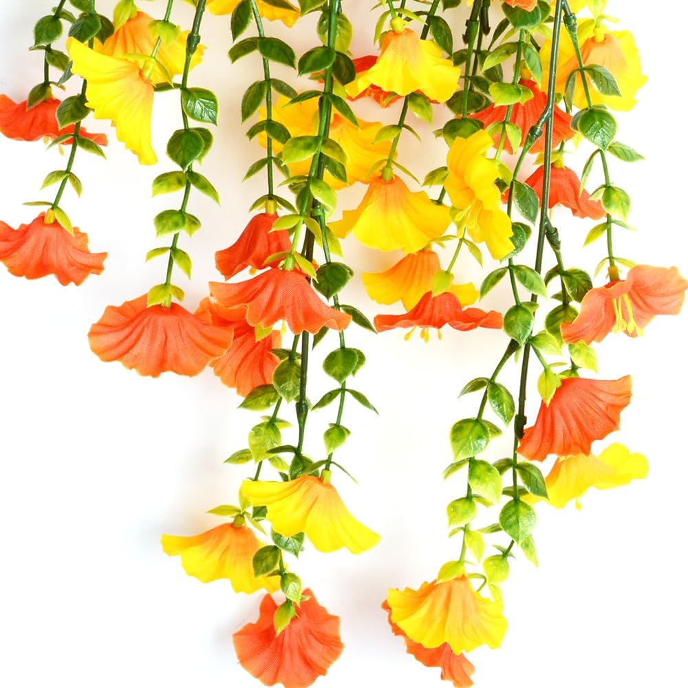 Artificial Fake Hanging Flowers Plants 2pack Faux Silk Daisy with Eucalyptus Leaves UV Resistant for Outside Home Indoor Planter Porch Patio Balcony Yard Decor (2, Red-Yellow)