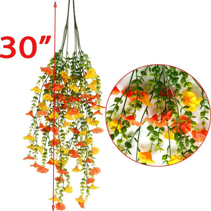 Artificial Fake Hanging Flowers Plants 2pack Faux Silk Daisy with Eucalyptus Leaves UV Resistant for Outside Home Indoor Planter Porch Patio Balcony Yard Decor (2, Red-Yellow)