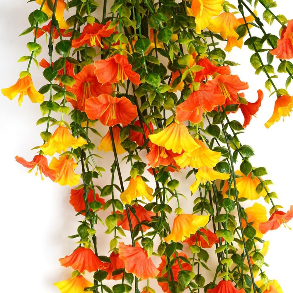 Artificial Fake Hanging Flowers Plants 2pack Faux Silk Daisy with Eucalyptus Leaves UV Resistant for Outside Home Indoor Planter Porch Patio Balcony Yard Decor (2, Red-Yellow)
