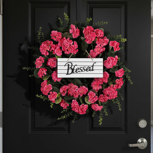 Spring Summer Wreaths for Front Door, 24 Inch Pink Artificial Geranium Wreath with Blessed Hanging Sign, for Indoor and Outdoor Decor