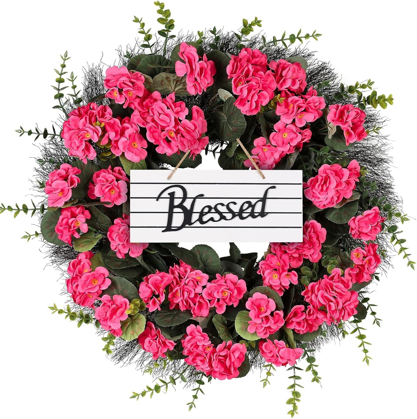 Spring Summer Wreaths for Front Door, 24 Inch Pink Artificial Geranium Wreath with Blessed Hanging Sign, for Indoor and Outdoor Decor