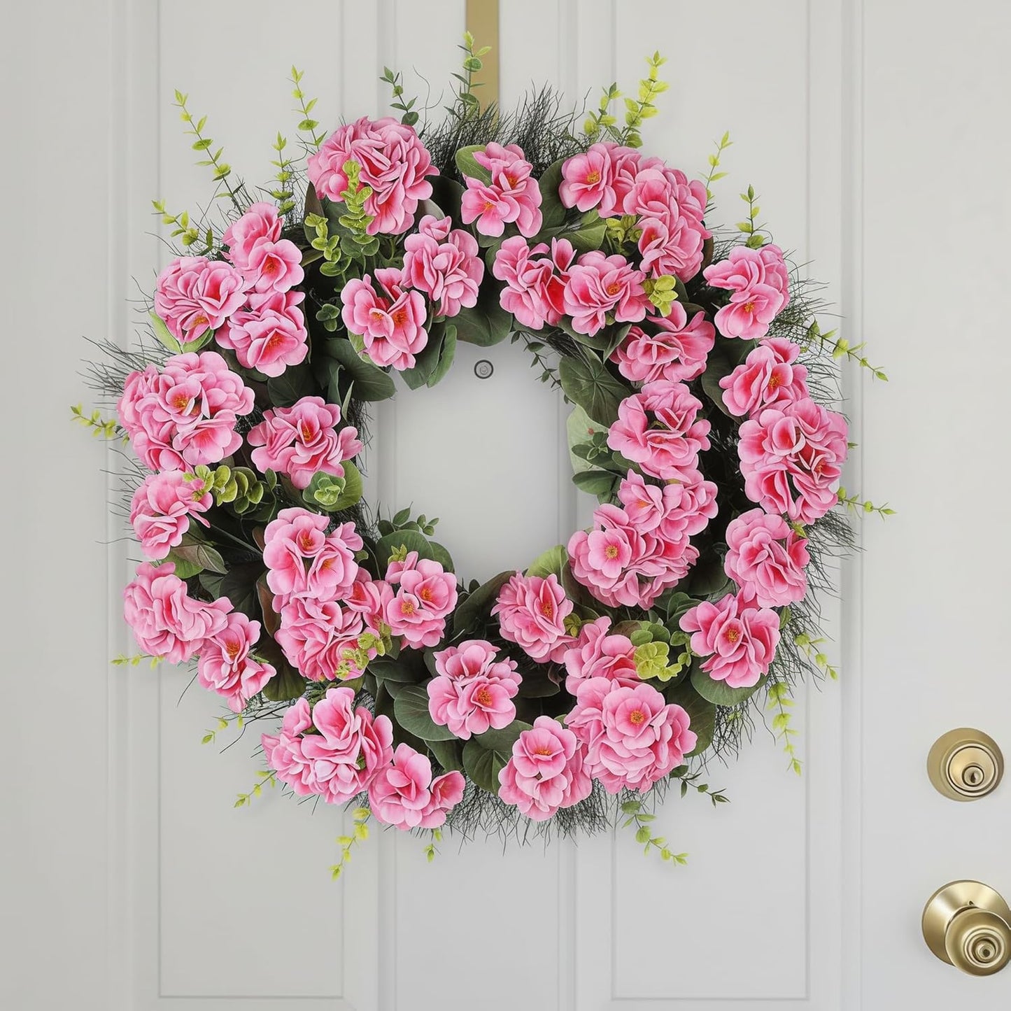 Spring Summer Wreaths for Front Door, 24 Inch Pink Artificial Geranium Wreath with Blessed Hanging Sign, for Indoor and Outdoor Decor