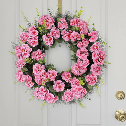 Spring Summer Wreaths for Front Door, 24 Inch Pink Artificial Geranium Wreath with Blessed Hanging Sign, for Indoor and Outdoor Decor