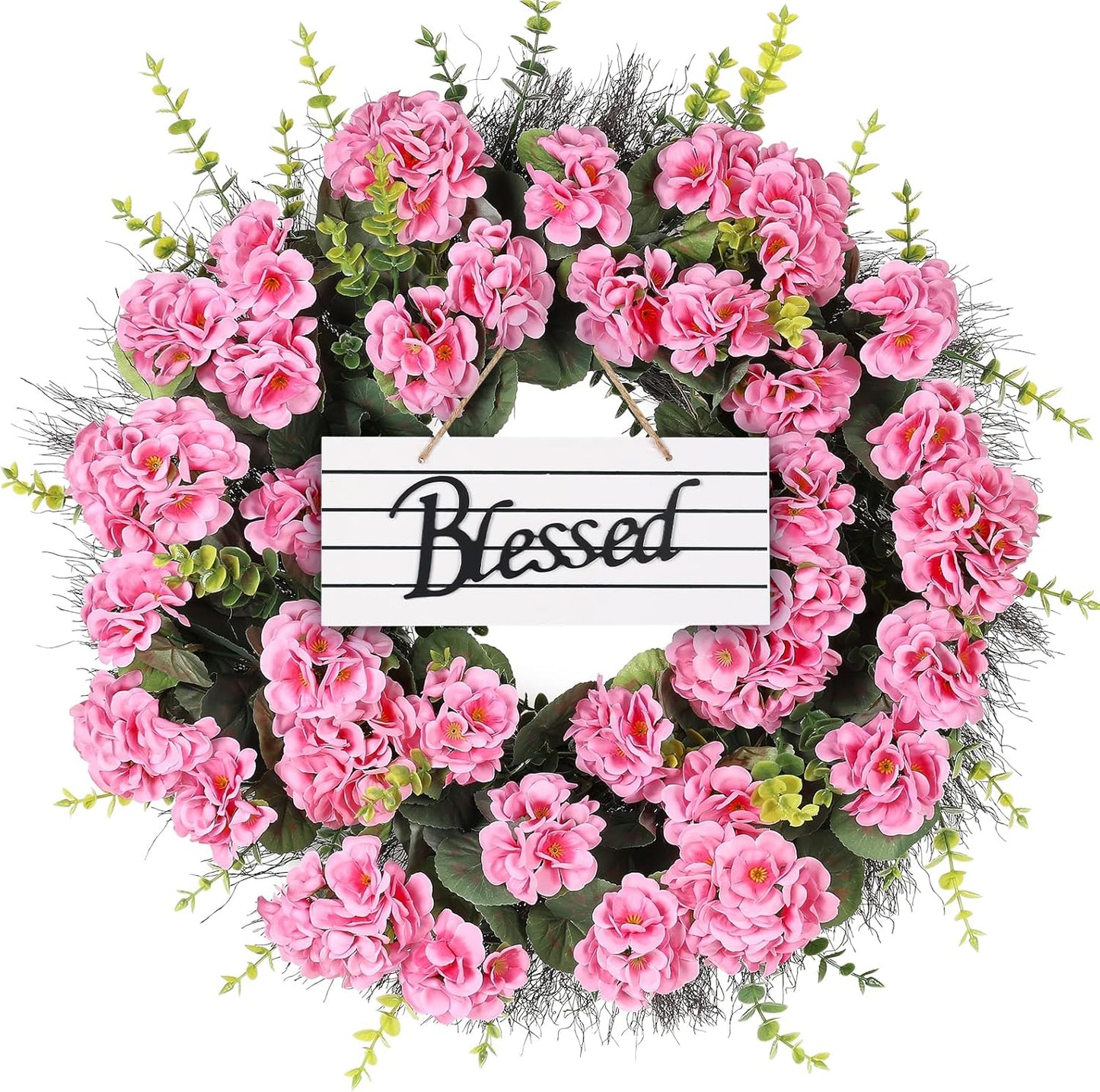 Spring Summer Wreaths for Front Door, 24 Inch Pink Artificial Geranium Wreath with Blessed Hanging Sign, for Indoor and Outdoor Decor