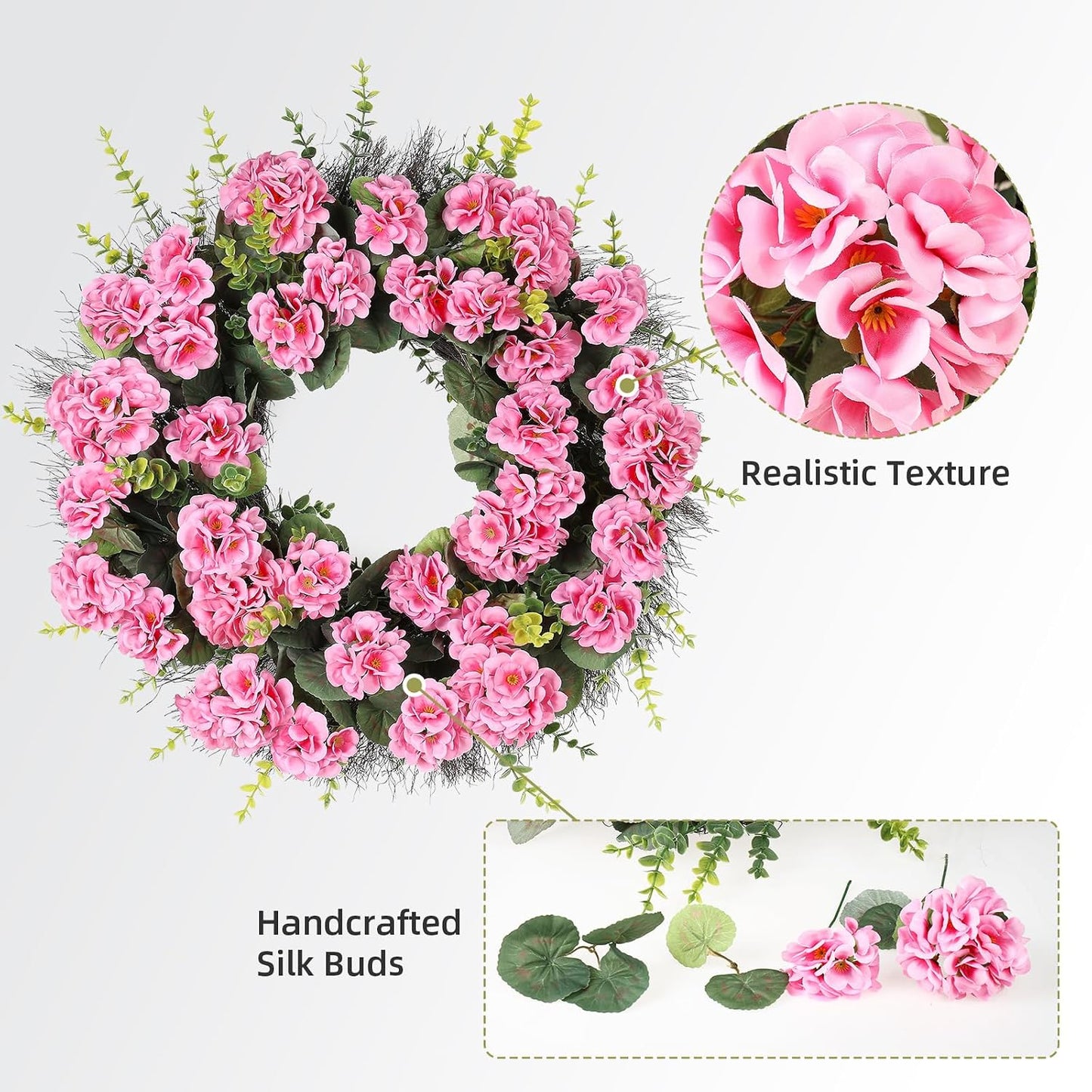 Spring Summer Wreaths for Front Door, 24 Inch Pink Artificial Geranium Wreath with Blessed Hanging Sign, for Indoor and Outdoor Decor
