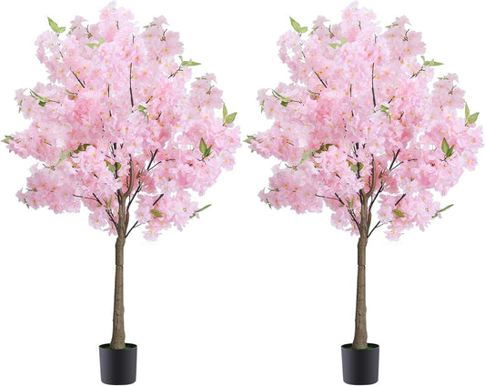 2 Pack Pink Artificial Cherry Blossom Tree, 4FT Faux Sakura Flowers Decor