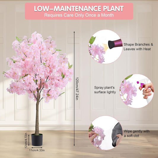 2 Pack Pink Artificial Cherry Blossom Tree, 4FT Faux Sakura Flowers Decor