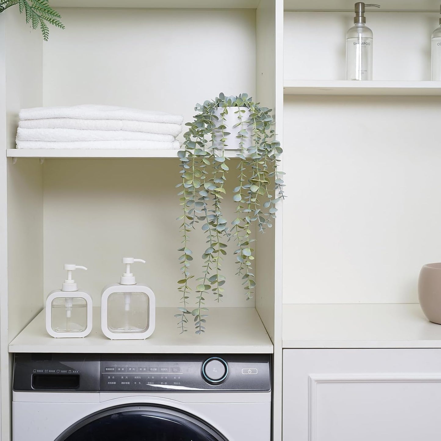 Decorative Hanging Plants for Shelf, Faux Ivy Eucalyptus Vine, Fake Greenery in White Bigger Pot (Light Green, 1PCS)