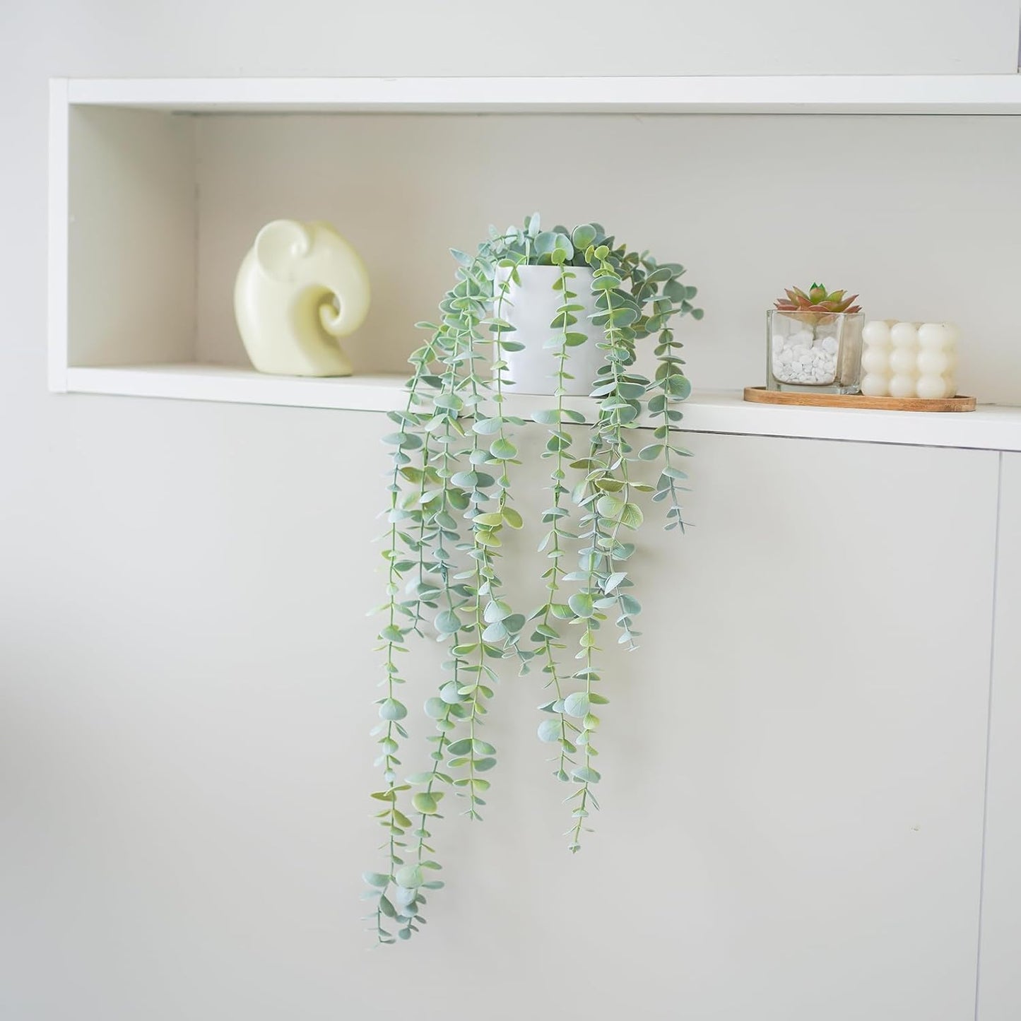 Decorative Hanging Plants for Shelf, Faux Ivy Eucalyptus Vine, Fake Greenery in White Bigger Pot (Light Green, 1PCS)