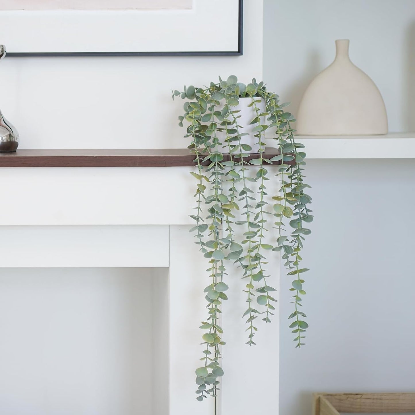 Decorative Hanging Plants for Shelf, Faux Ivy Eucalyptus Vine, Fake Greenery in White Bigger Pot (Light Green, 1PCS)