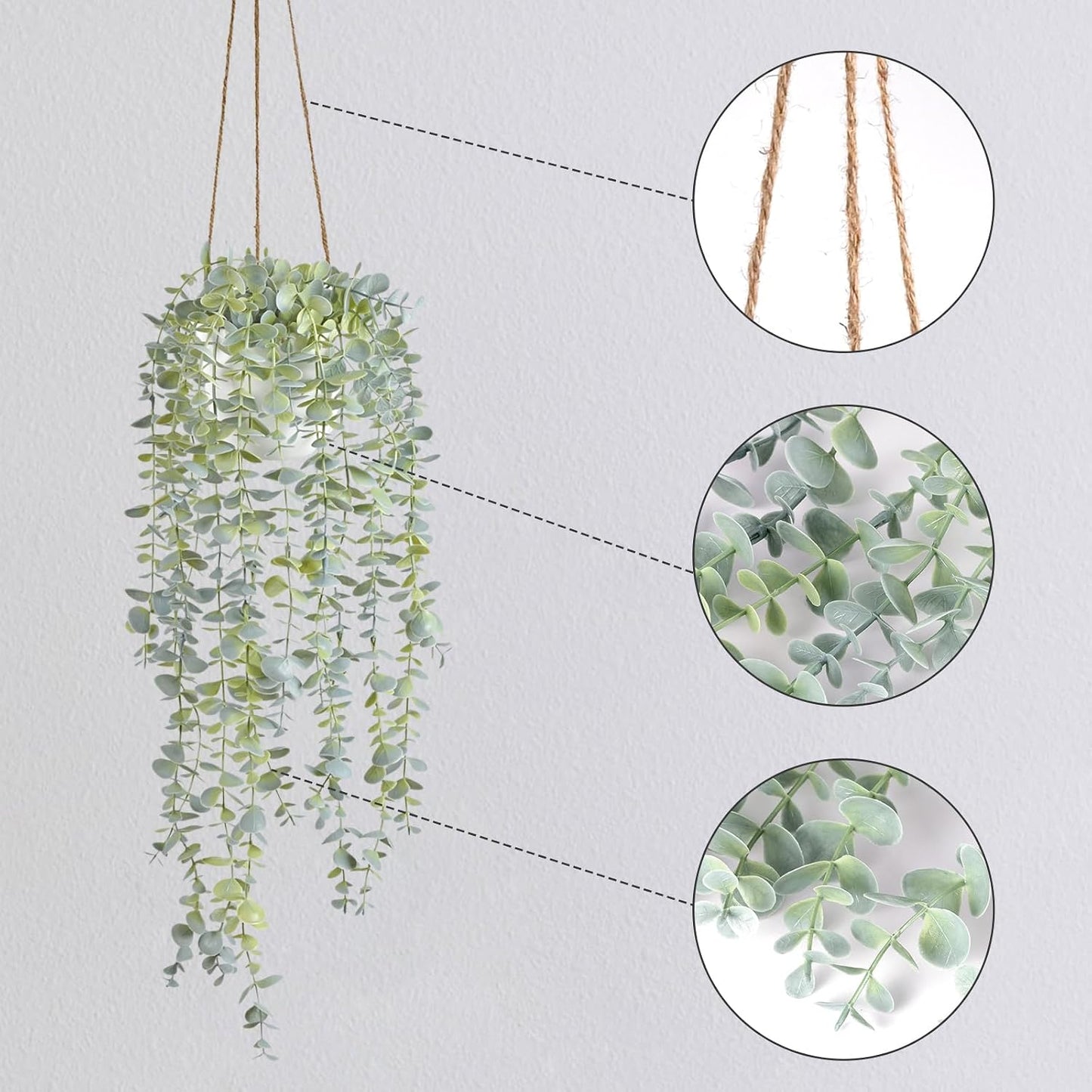 Decorative Hanging Plants for Shelf, Faux Ivy Eucalyptus Vine, Fake Greenery in White Bigger Pot (Light Green, 1PCS)