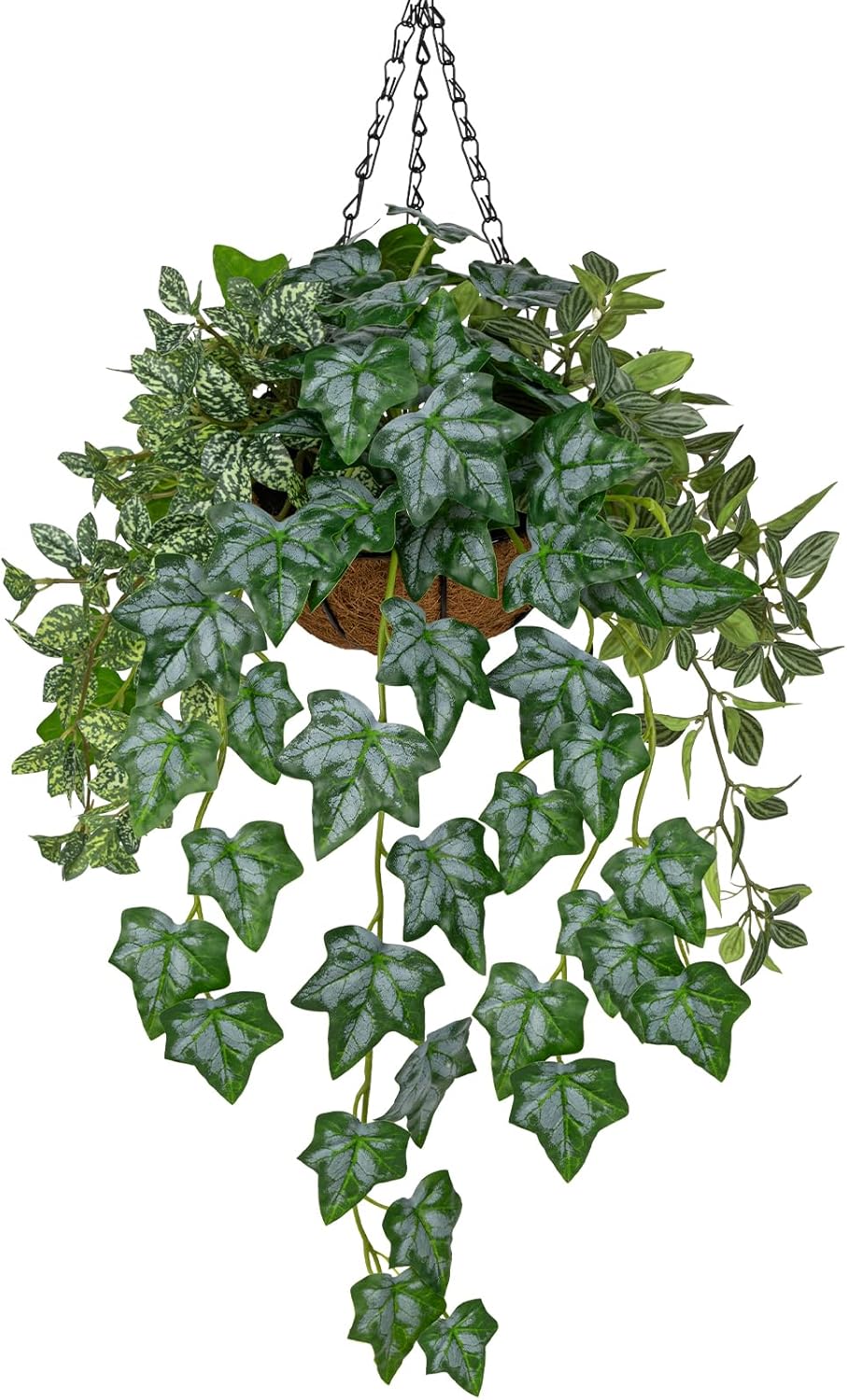 Fake Hanging Plant with Pot, Large Hanging Artificial Plants with Basket & Hanger Faux Greenery Plants Indoor Outdoor Decor Fake Alocasia Longiloba Plant in Pot for Wall Balcony Patio Office Bathroom