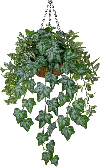 Fake Hanging Plant with Pot, Large Hanging Artificial Plants with Basket & Hanger Faux Greenery Plants Indoor Outdoor Decor Fake Alocasia Longiloba Plant in Pot for Wall Balcony Patio Office Bathroom