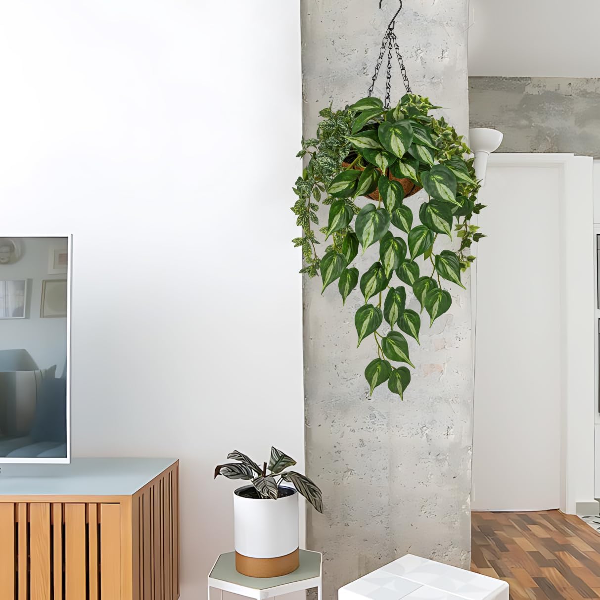 Fake Hanging Plant with Pot, Large Hanging Artificial Plants with Basket & Hanger Faux Greenery Plants Indoor Outdoor Decor Fake Alocasia Longiloba Plant in Pot for Wall Balcony Patio Office Bathroom