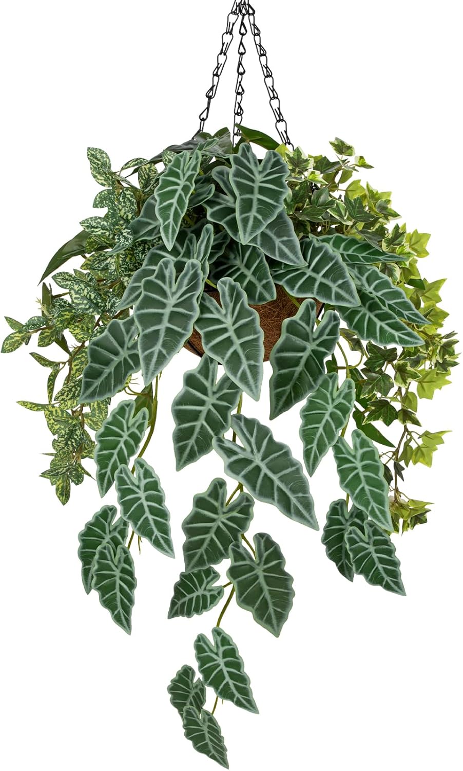 Fake Hanging Plant with Pot, Large Hanging Artificial Plants with Basket & Hanger Faux Greenery Plants Indoor Outdoor Decor Fake Alocasia Longiloba Plant in Pot for Wall Balcony Patio Office Bathroom