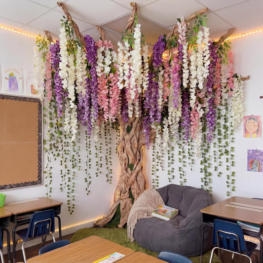 3D Wisteria Tree Decor 18 Pcs 54 Branches Wisteria Hanging Flower 5 Pcs Artificial Vine and 98.4 ft Kraft Paper Fairy Forest Decorations for Classroom Reading Corner(Purple)
