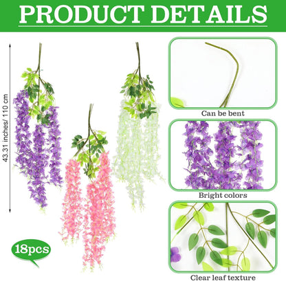 3D Wisteria Tree Decor 18 Pcs 54 Branches Wisteria Hanging Flower 5 Pcs Artificial Vine and 98.4 ft Kraft Paper Fairy Forest Decorations for Classroom Reading Corner(Purple)