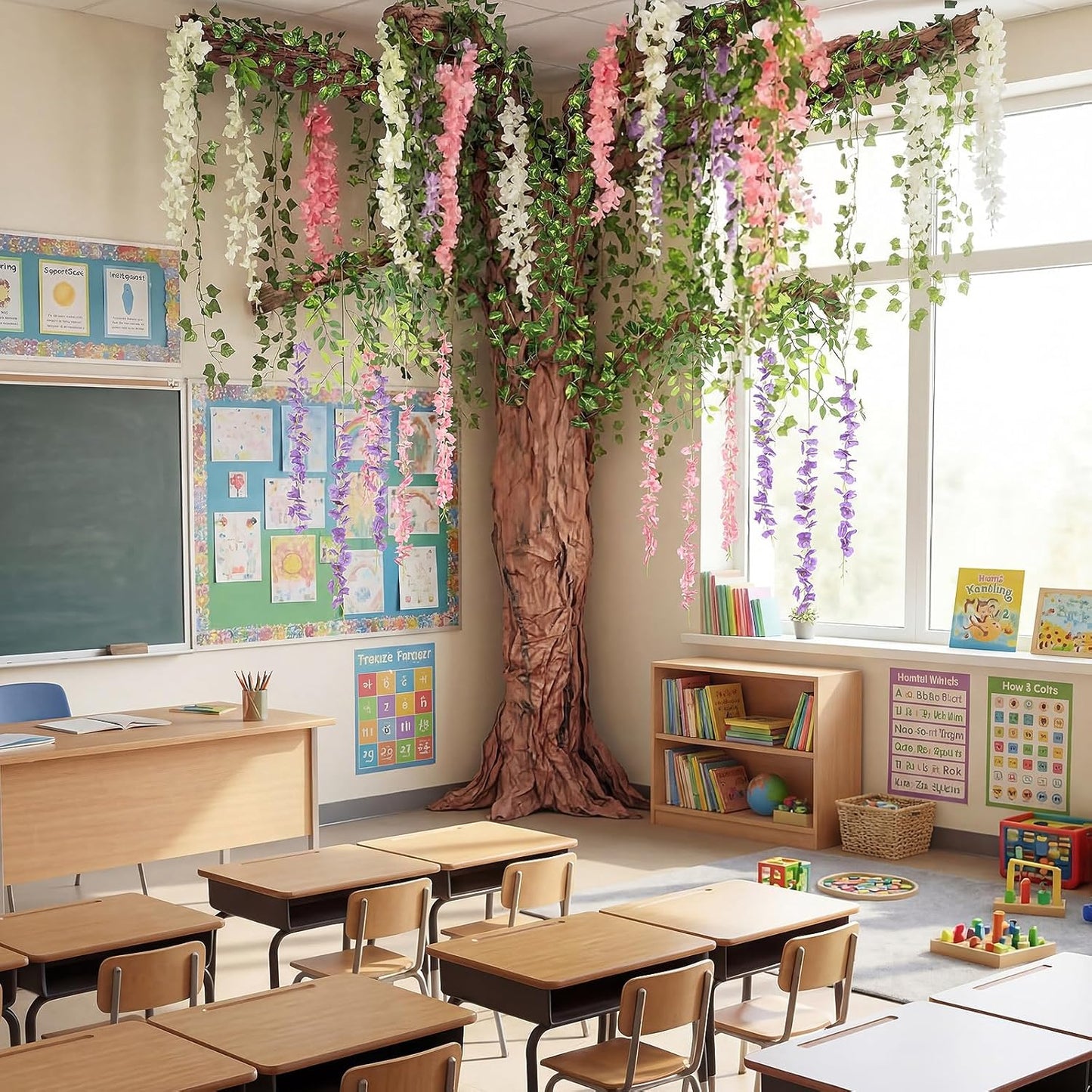3D Wisteria Tree Decor 18 Pcs 54 Branches Wisteria Hanging Flower 5 Pcs Artificial Vine and 98.4 ft Kraft Paper Fairy Forest Decorations for Classroom Reading Corner(Purple)