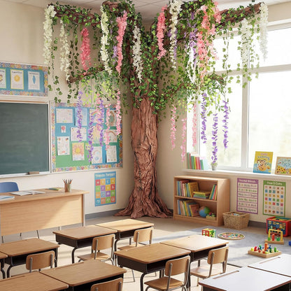 3D Wisteria Tree Decor 18 Pcs 54 Branches Wisteria Hanging Flower 5 Pcs Artificial Vine and 98.4 ft Kraft Paper Fairy Forest Decorations for Classroom Reading Corner(Purple)