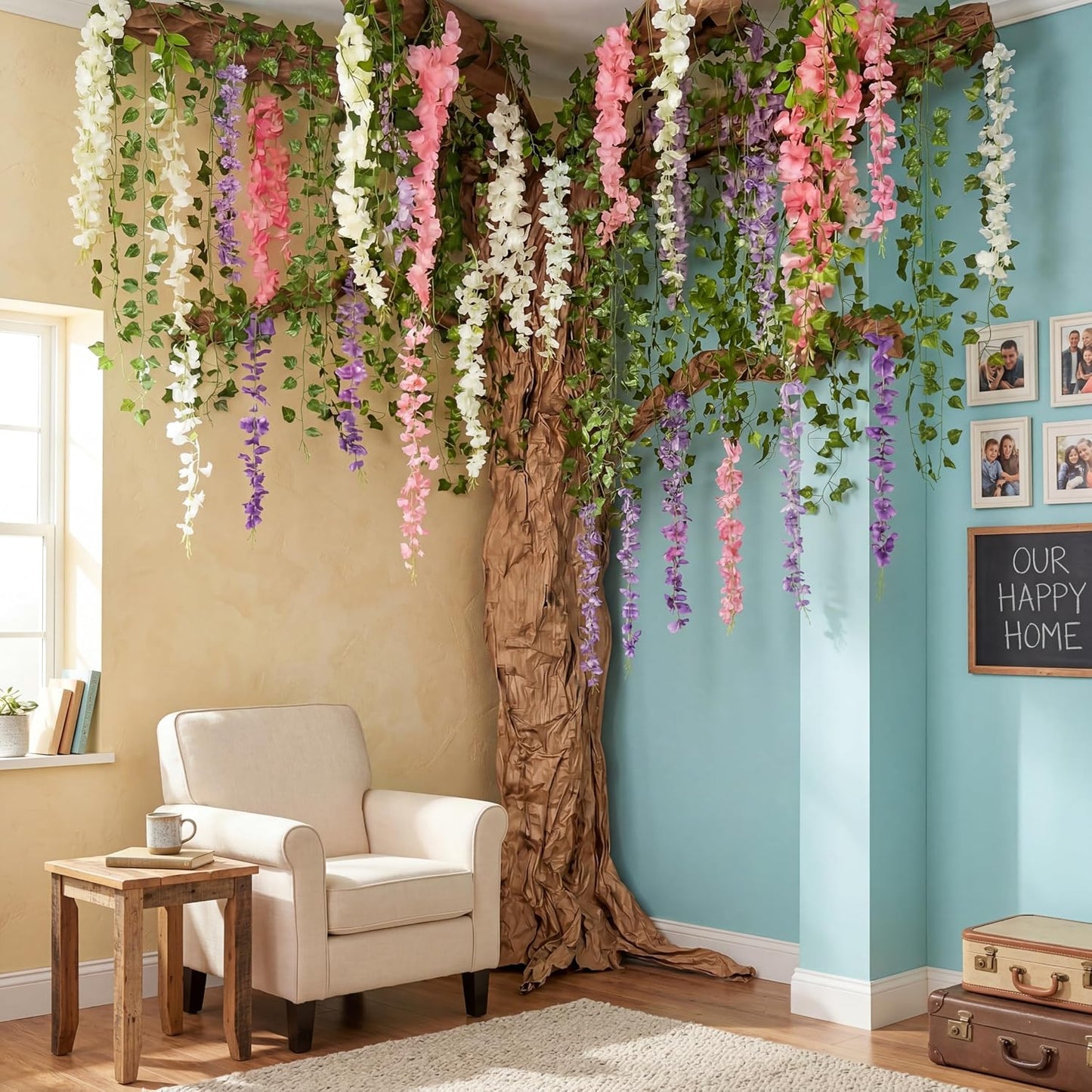 3D Wisteria Tree Decor 18 Pcs 54 Branches Wisteria Hanging Flower 5 Pcs Artificial Vine and 98.4 ft Kraft Paper Fairy Forest Decorations for Classroom Reading Corner(Purple)