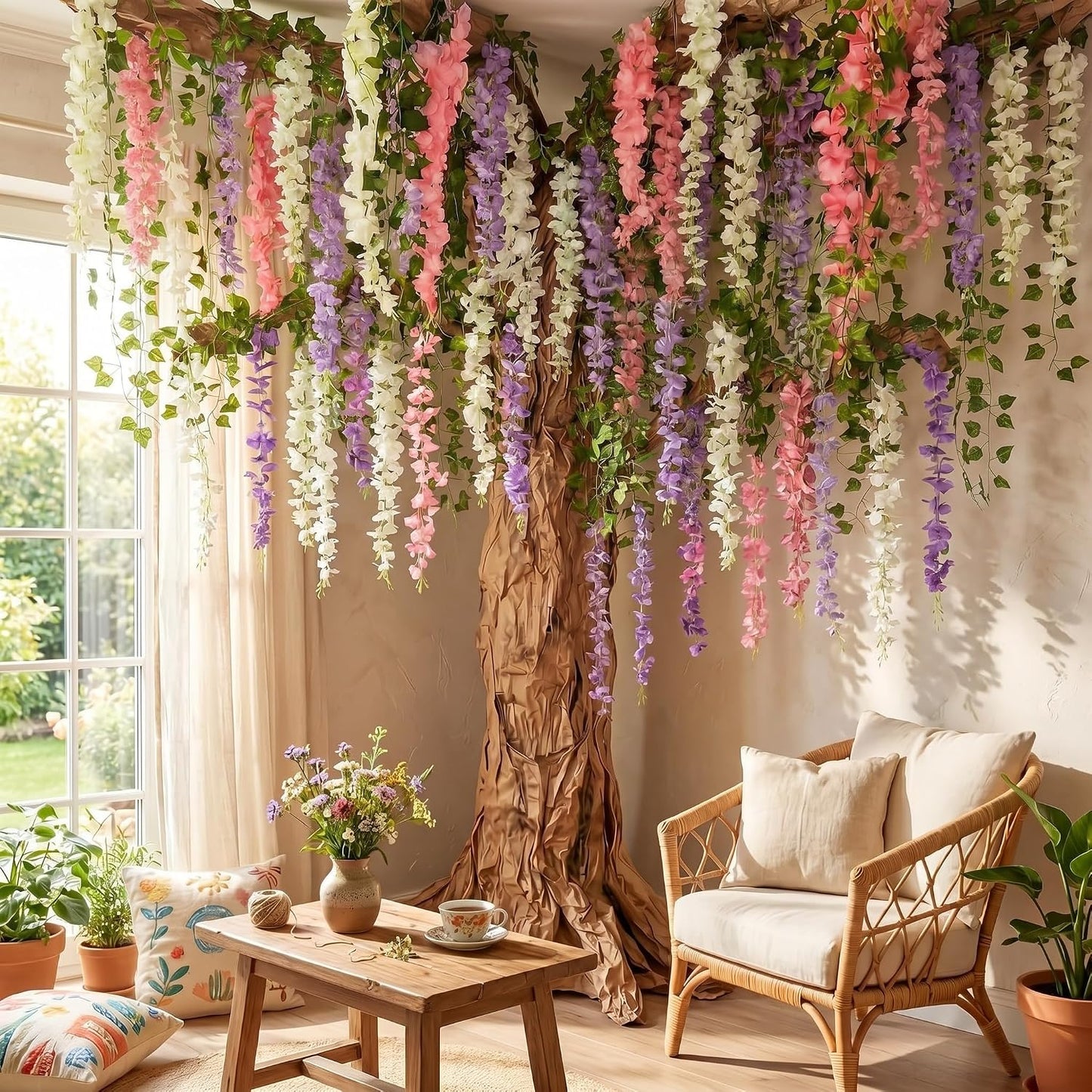 3D Wisteria Tree Decor 18 Pcs 54 Branches Wisteria Hanging Flower 5 Pcs Artificial Vine and 98.4 ft Kraft Paper Fairy Forest Decorations for Classroom Reading Corner(Purple)