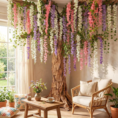 3D Wisteria Tree Decor 18 Pcs 54 Branches Wisteria Hanging Flower 5 Pcs Artificial Vine and 98.4 ft Kraft Paper Fairy Forest Decorations for Classroom Reading Corner(Purple)
