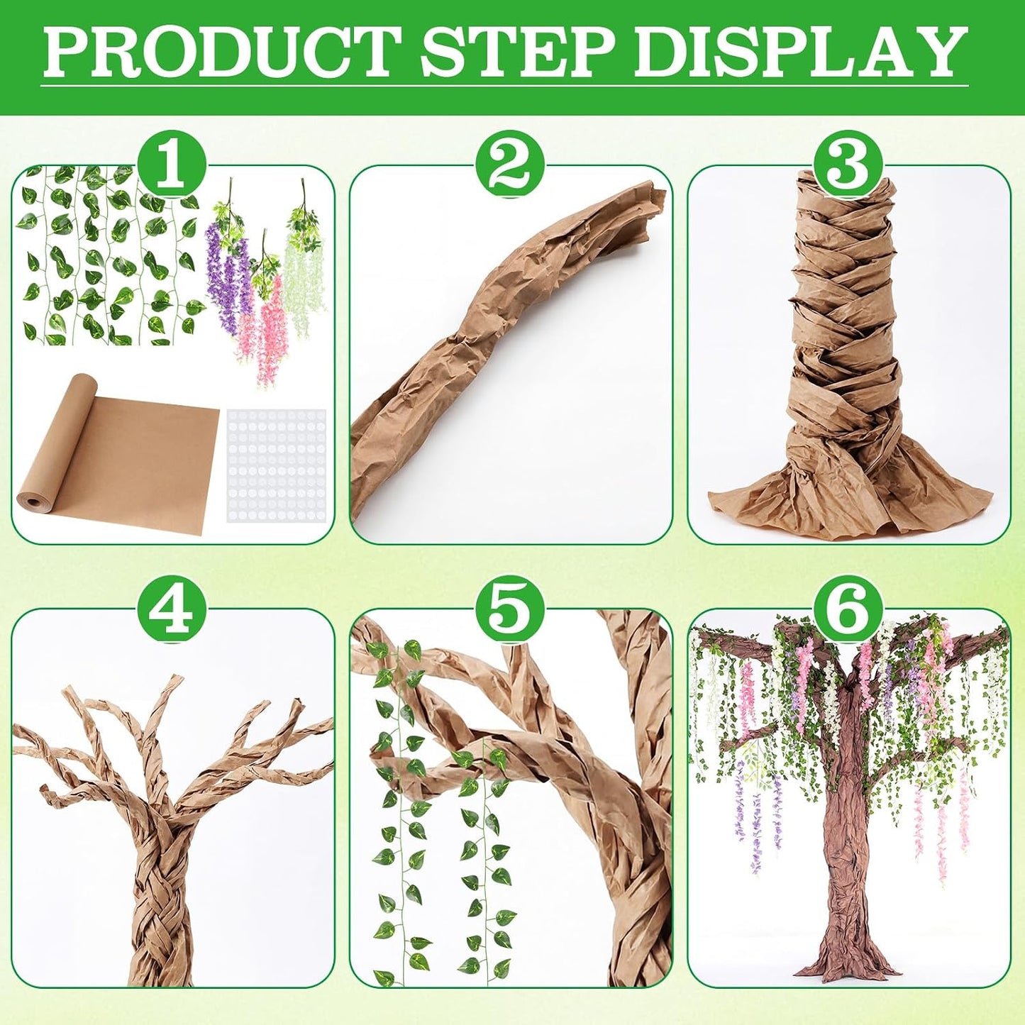 3D Wisteria Tree Decor 18 Pcs 54 Branches Wisteria Hanging Flower 5 Pcs Artificial Vine and 98.4 ft Kraft Paper Fairy Forest Decorations for Classroom Reading Corner(Purple)