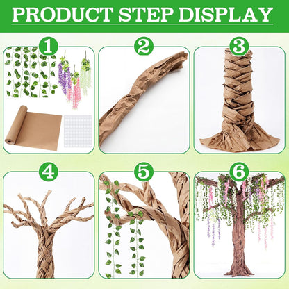 3D Wisteria Tree Decor 18 Pcs 54 Branches Wisteria Hanging Flower 5 Pcs Artificial Vine and 98.4 ft Kraft Paper Fairy Forest Decorations for Classroom Reading Corner(Purple)
