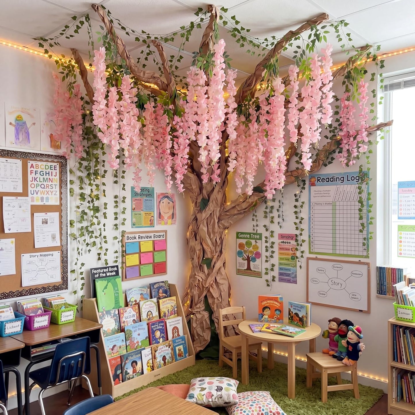 3D Wisteria Tree Decor 18 Pcs 54 Branches Wisteria Hanging Flower 5 Pcs Artificial Vine and 98.4 ft Kraft Paper Fairy Forest Decorations for Classroom Reading Corner(Purple)