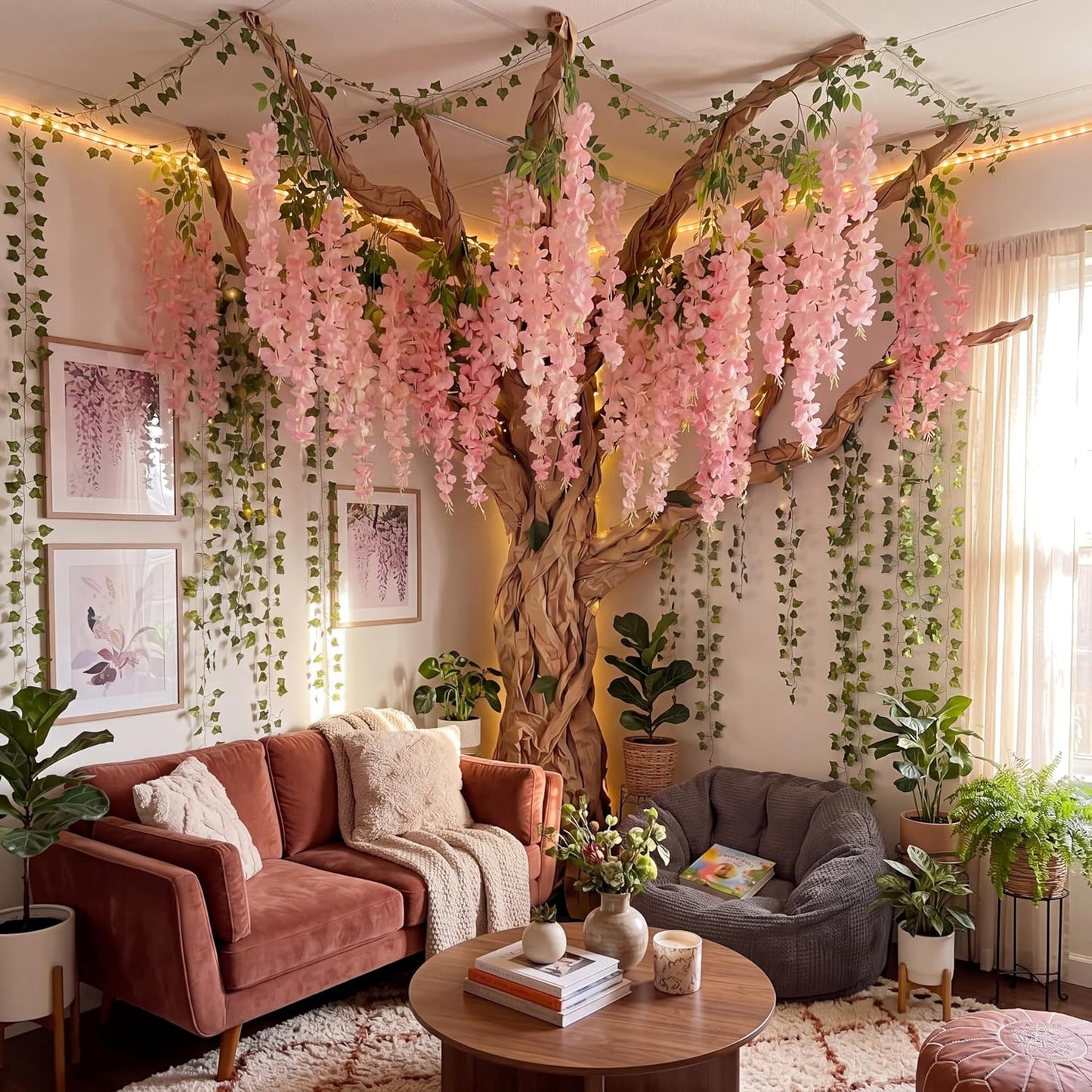 3D Wisteria Tree Decor 18 Pcs 54 Branches Wisteria Hanging Flower 5 Pcs Artificial Vine and 98.4 ft Kraft Paper Fairy Forest Decorations for Classroom Reading Corner(Purple)
