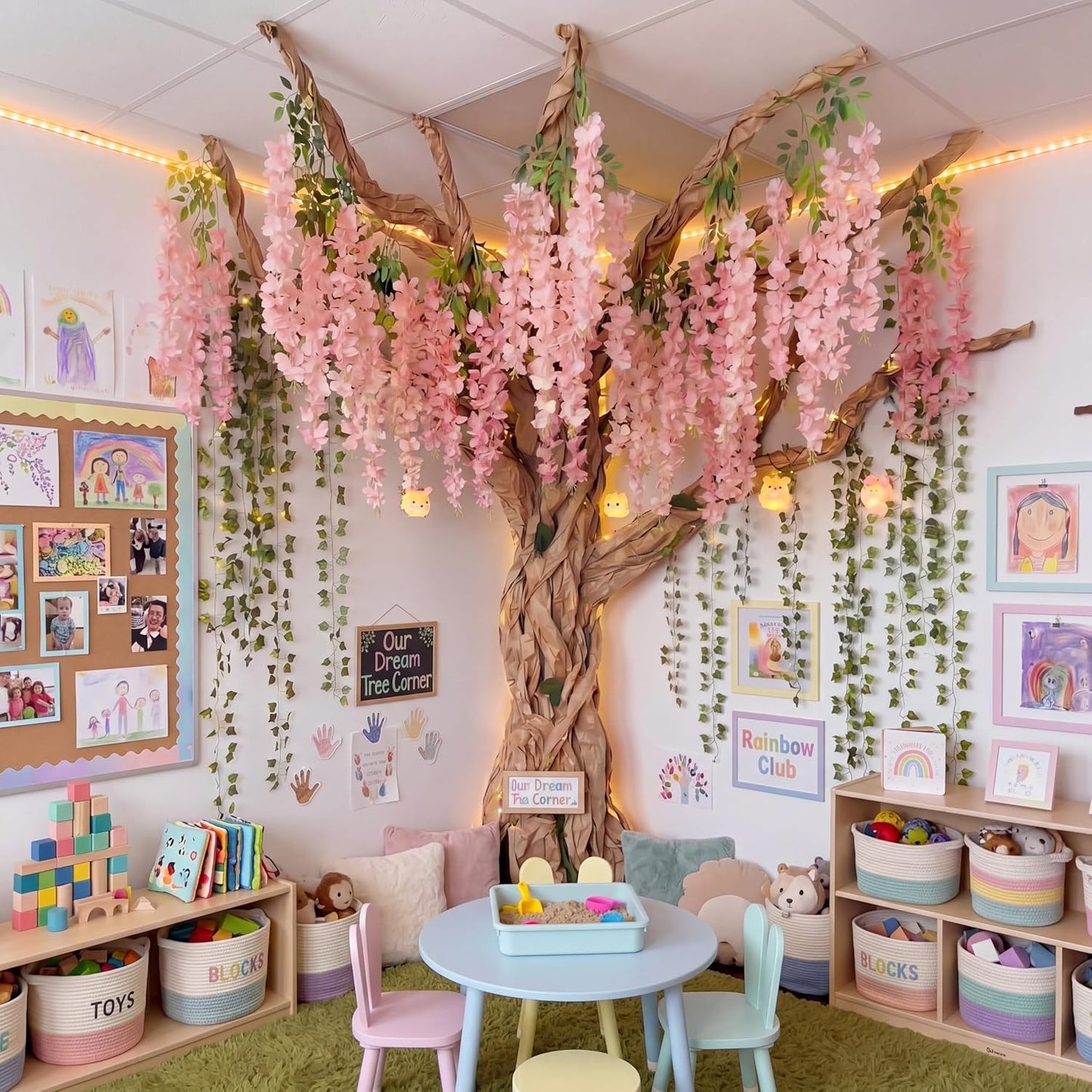 3D Wisteria Tree Decor 18 Pcs 54 Branches Wisteria Hanging Flower 5 Pcs Artificial Vine and 98.4 ft Kraft Paper Fairy Forest Decorations for Classroom Reading Corner(Purple)