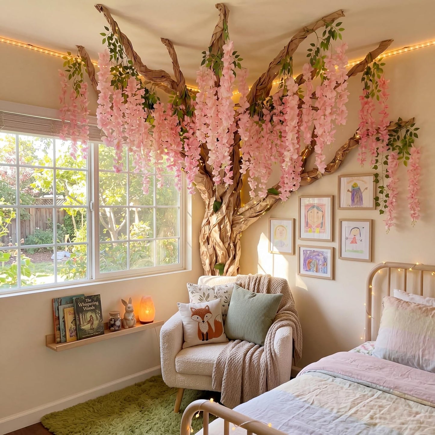 3D Wisteria Tree Decor 18 Pcs 54 Branches Wisteria Hanging Flower 5 Pcs Artificial Vine and 98.4 ft Kraft Paper Fairy Forest Decorations for Classroom Reading Corner(Purple)
