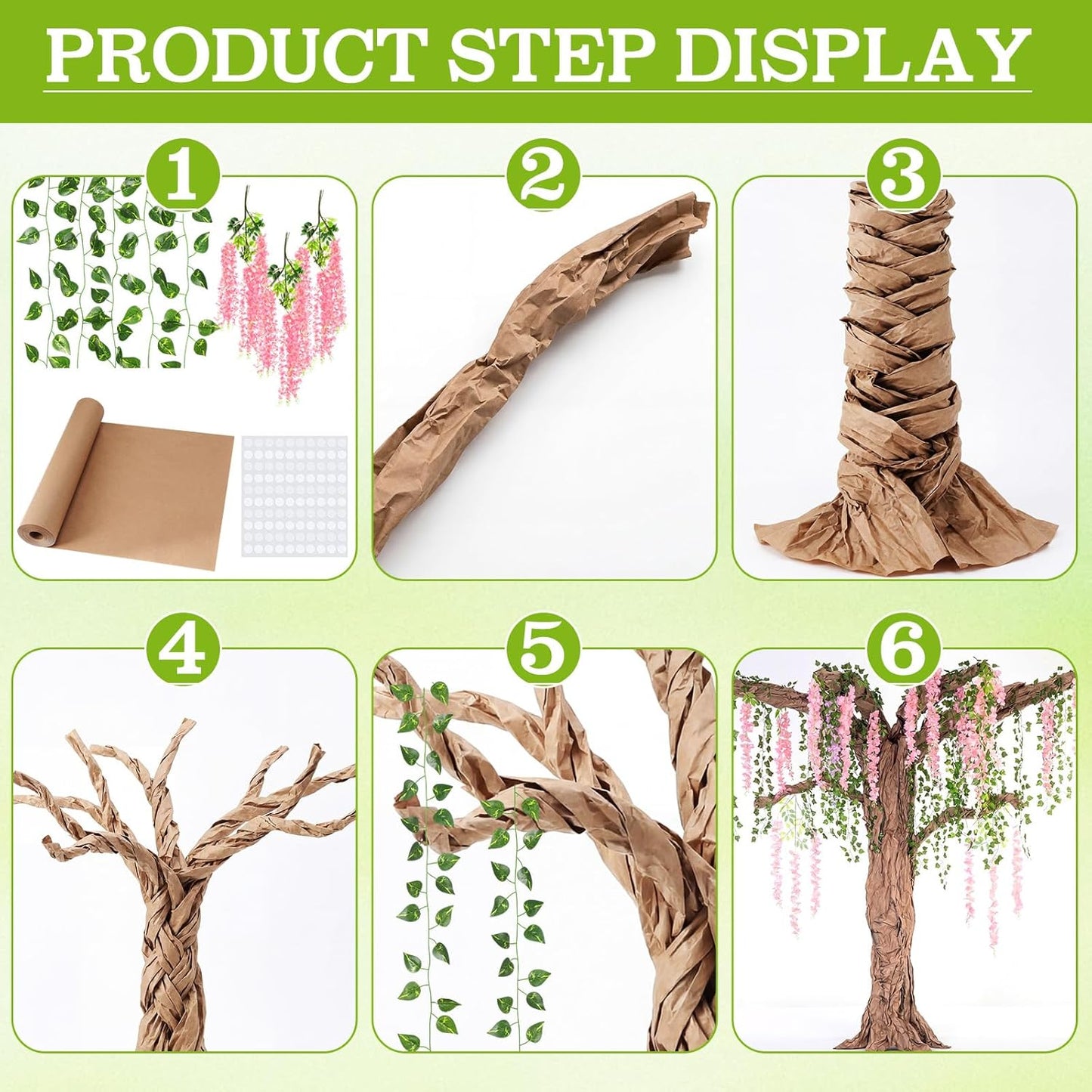 3D Wisteria Tree Decor 18 Pcs 54 Branches Wisteria Hanging Flower 5 Pcs Artificial Vine and 98.4 ft Kraft Paper Fairy Forest Decorations for Classroom Reading Corner(Purple)