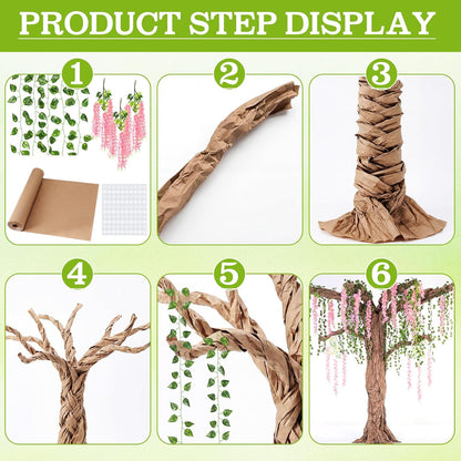 3D Wisteria Tree Decor 18 Pcs 54 Branches Wisteria Hanging Flower 5 Pcs Artificial Vine and 98.4 ft Kraft Paper Fairy Forest Decorations for Classroom Reading Corner(Purple)