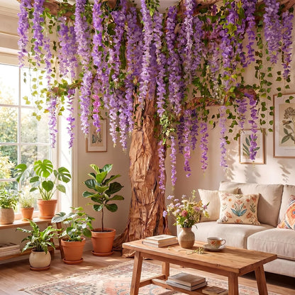 3D Wisteria Tree Decor 18 Pcs 54 Branches Wisteria Hanging Flower 5 Pcs Artificial Vine and 98.4 ft Kraft Paper Fairy Forest Decorations for Classroom Reading Corner(Purple)
