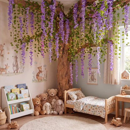 3D Wisteria Tree Decor 18 Pcs 54 Branches Wisteria Hanging Flower 5 Pcs Artificial Vine and 98.4 ft Kraft Paper Fairy Forest Decorations for Classroom Reading Corner(Purple)